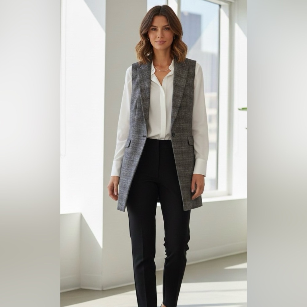 Ann Taylor brown/light squares long vest, one button fastener, side pockets, S